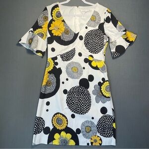 Trina Turk Floral Shift Dress Size 8 Yellow Black White V Neck Made in USA